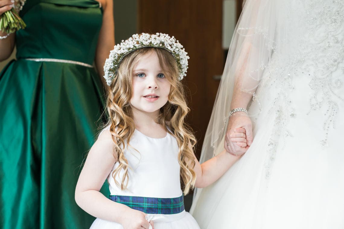 flower girl wearing Gypsophila in her hair