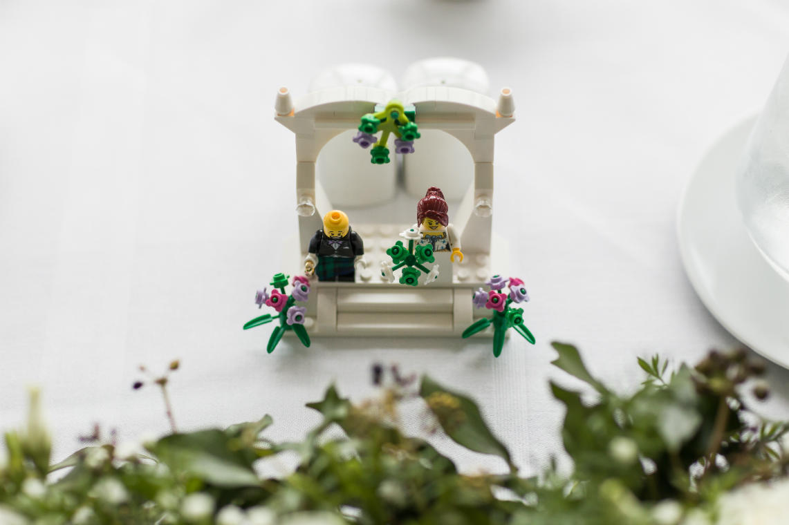 Lego bride and groom on top table