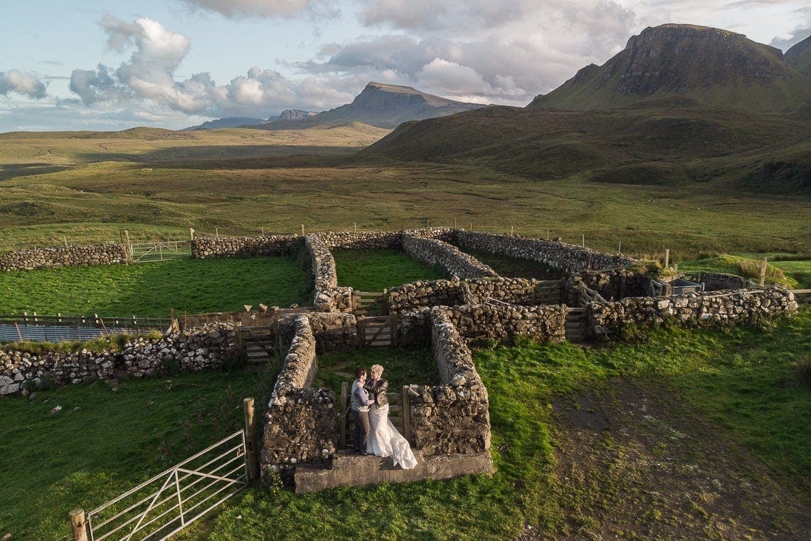 Destination Wedding Photographers Isle of Skye Alanna and Brianna lesbian wedding drone photo Quiraing
