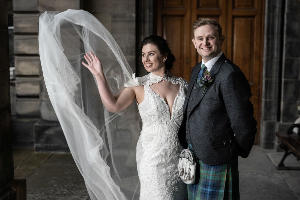 Bride's veil blowing in the wind