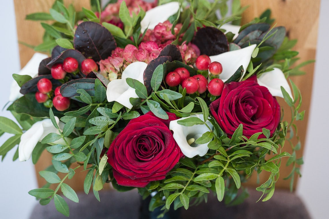 bridal bouquet white and red roses