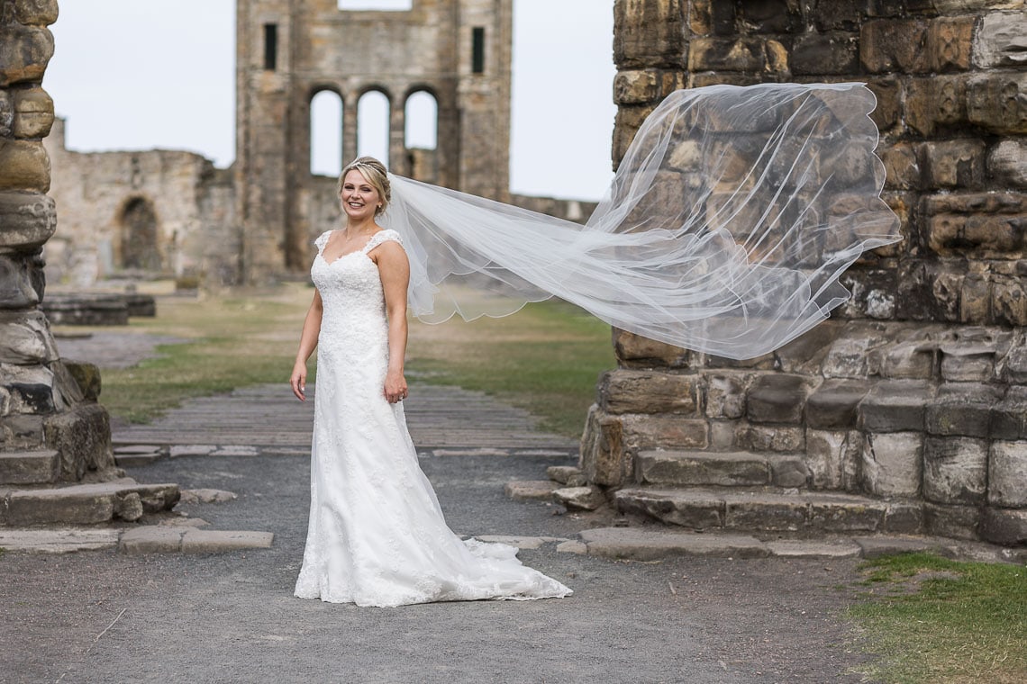 bridal veil flowing under the arch at St Andrew's Cathedral