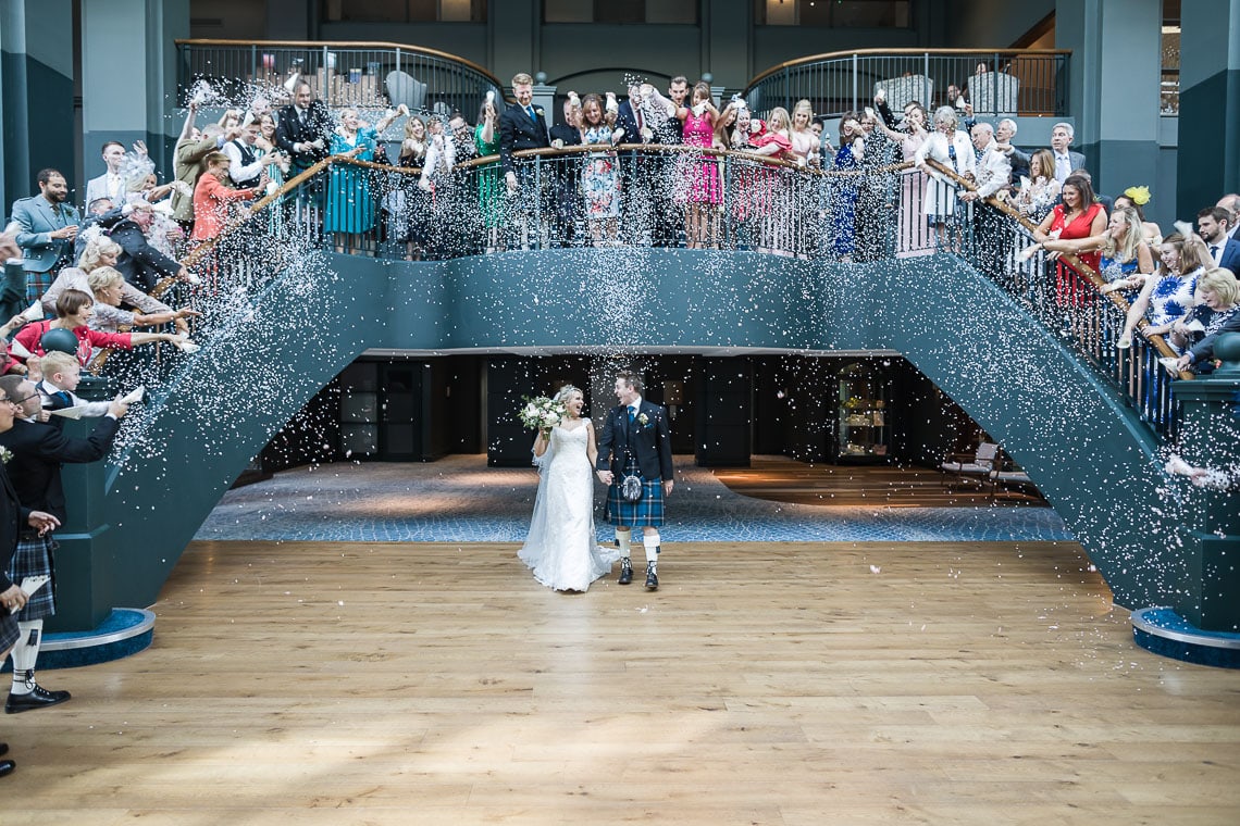 confetti shot under the grand staircase at Fairmont St Andrews