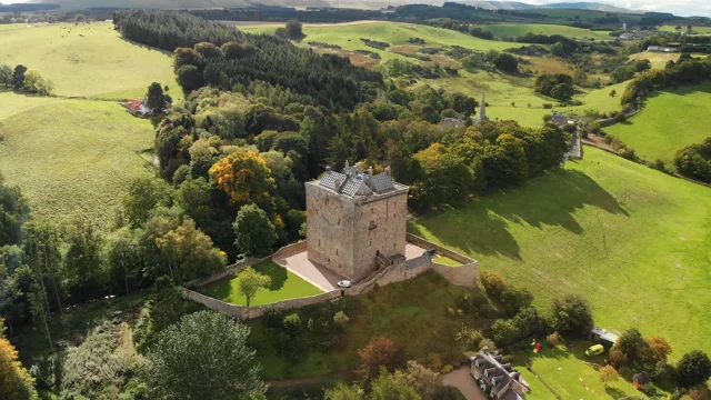 Borthwick Castle seen from above with a drone shot