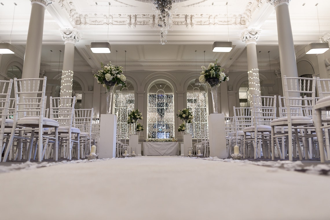 King's Hall set up for a wedding ceremony view from the rear of the aisle