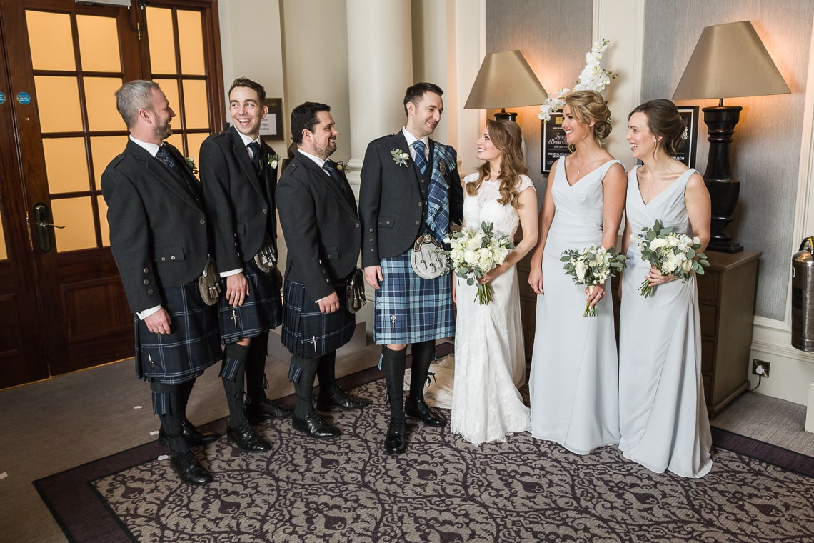 wedding party group photo outside the King's Hall