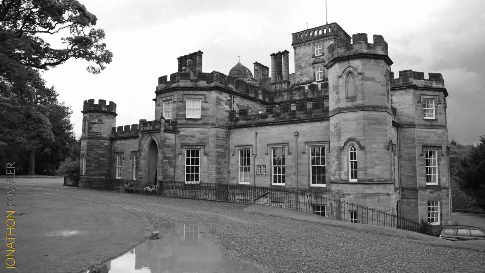 Winton Castle in East Lothian monochrome image