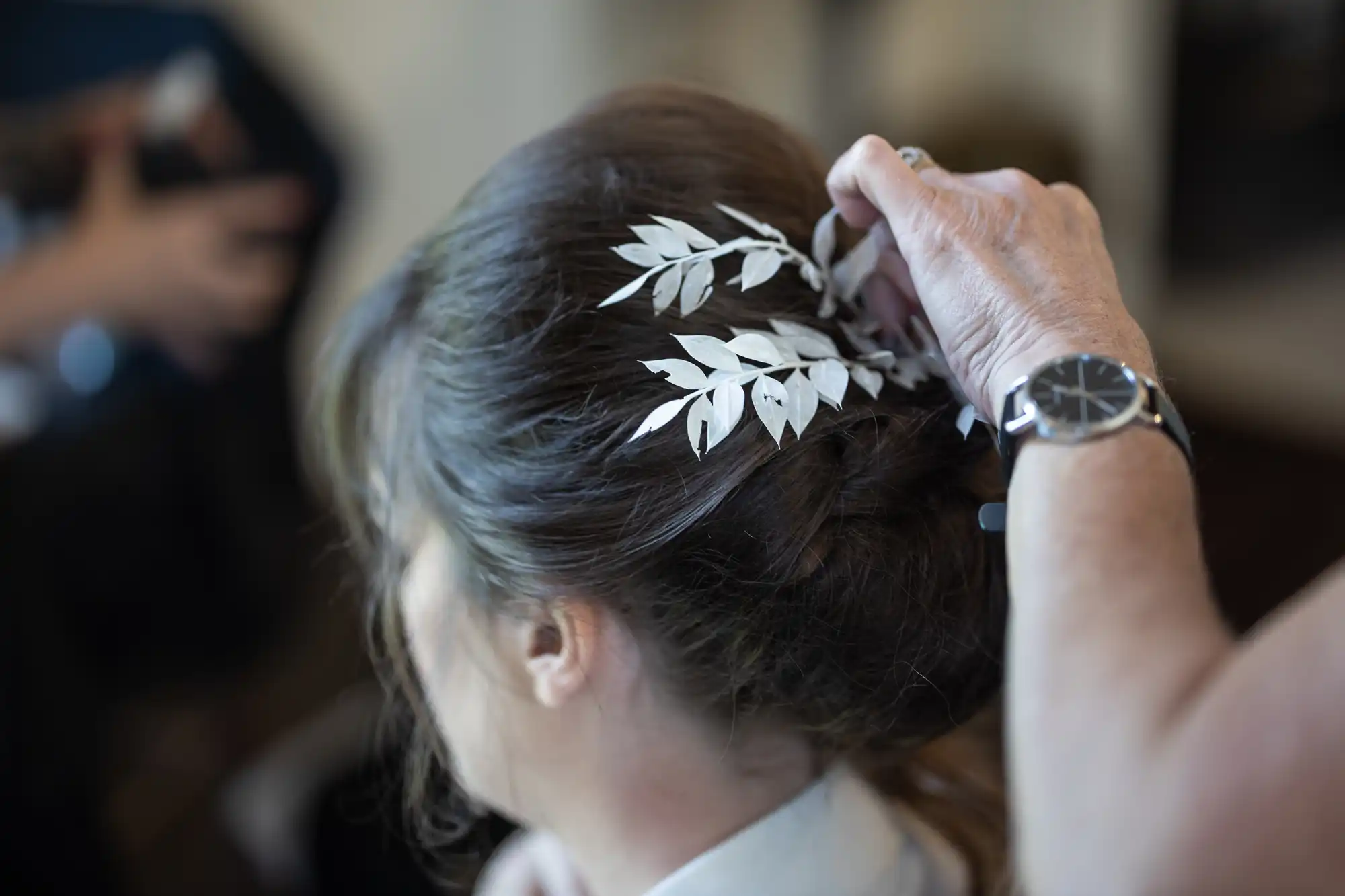 A close-up of a woman’s head shows her brown hair styled in an elegant updo. A hand is placing a silver leaf hair accessory in her hair. The woman is dressed formally, and the background is softly blurred.