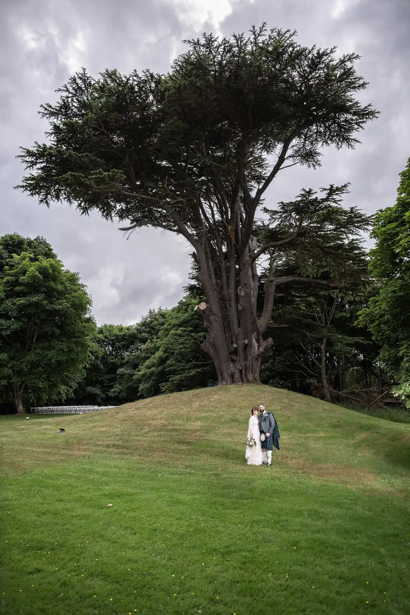 A couple in wedding attire stands on green grass near a large, dramatic tree with broad branches under a cloudy sky. The landscape is lush and surrounded by smaller trees, creating a peaceful, natural setting.