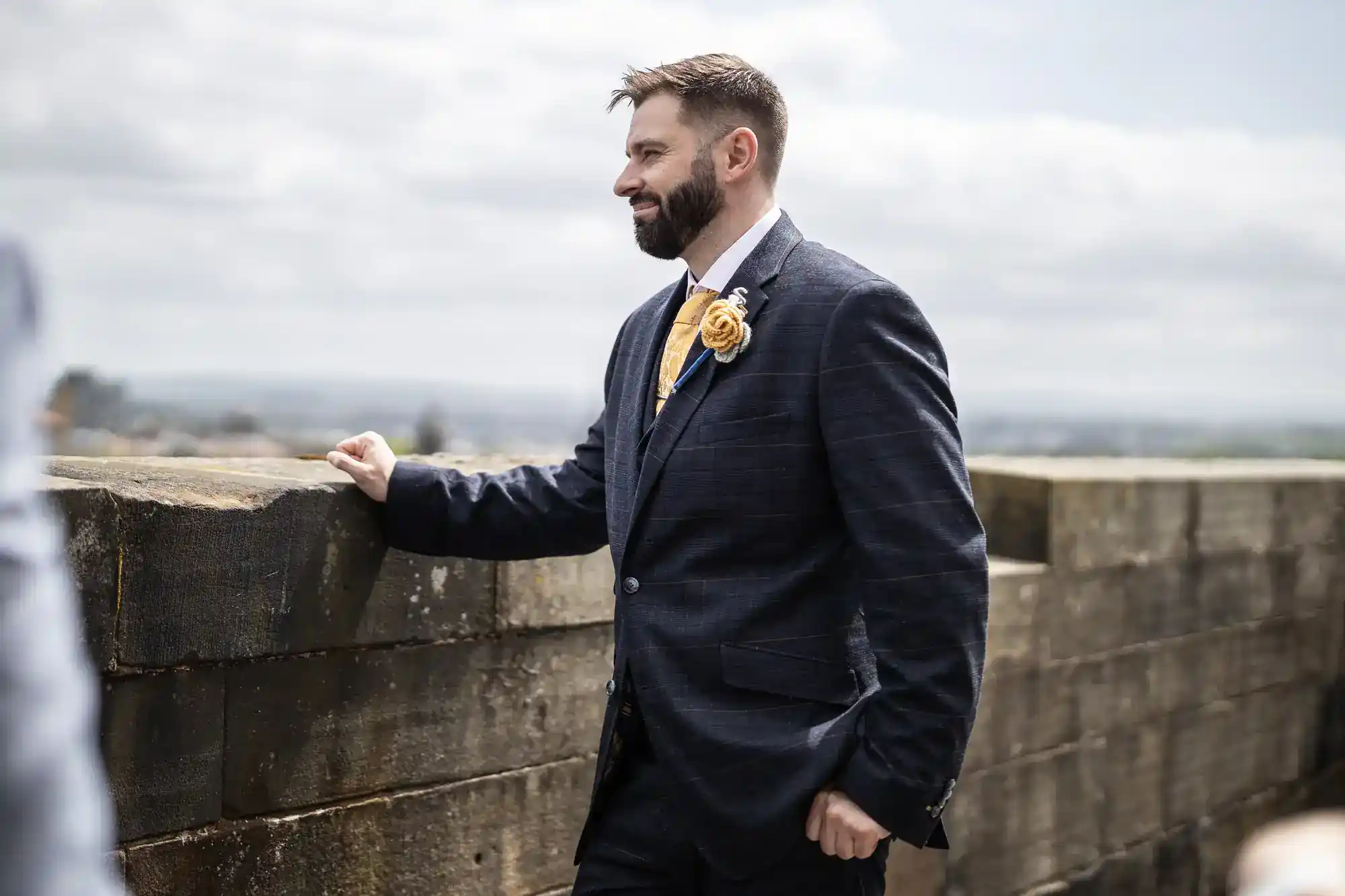 A bearded man in a dark checked suit, yellow tie, and yellow rose buttonhole stands outdoors, leaning against a stone wall, looking right and smiling. The background shows a cloudy sky and distant landscape.
