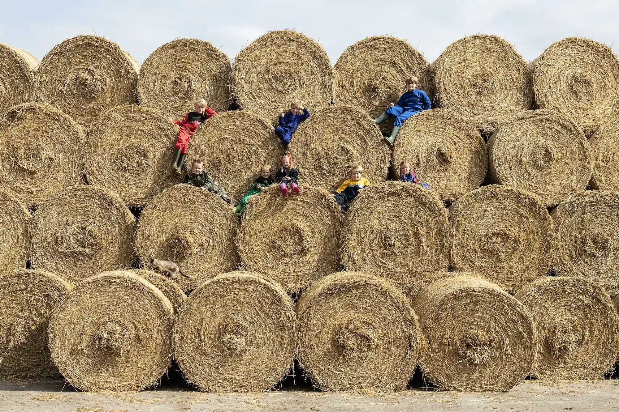 A group of children lie and sit on large cylindrical hay bales stacked in a pyramid formation.