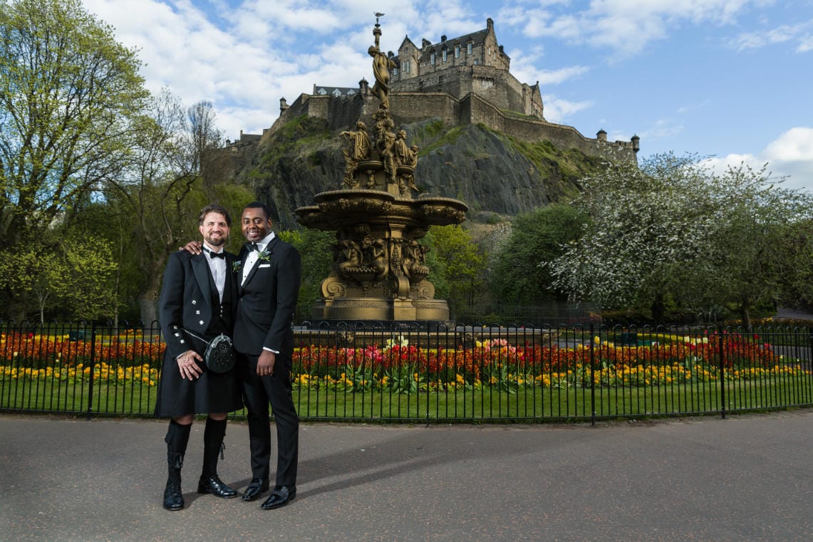 same-sex newly-weds in Princes Street Gardens Ross Fountain